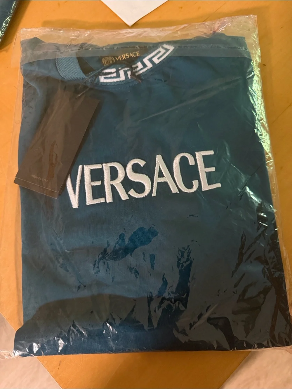 Versace Teal Greek Key Trim Short-Sleeve Logo Tee